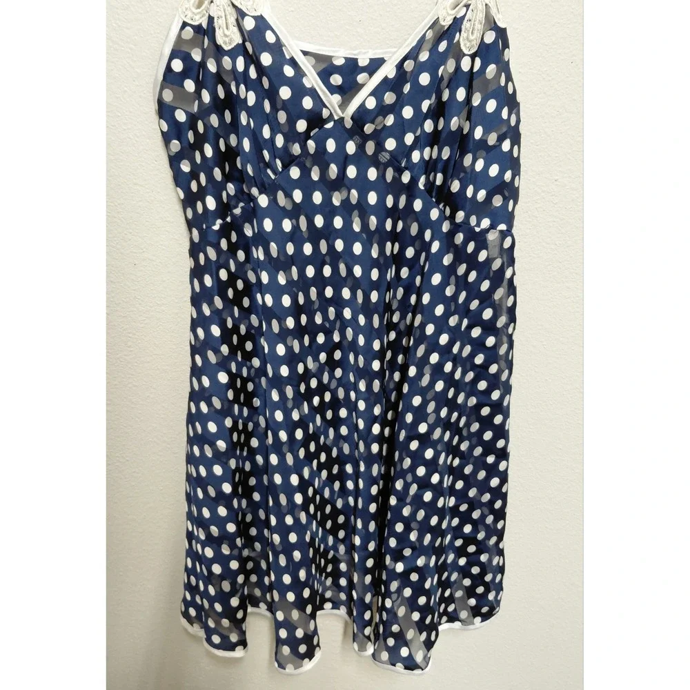 Josie by Natori Vtg Navy White Polka Dot Chiffon Lace Applique Babydoll Cami L